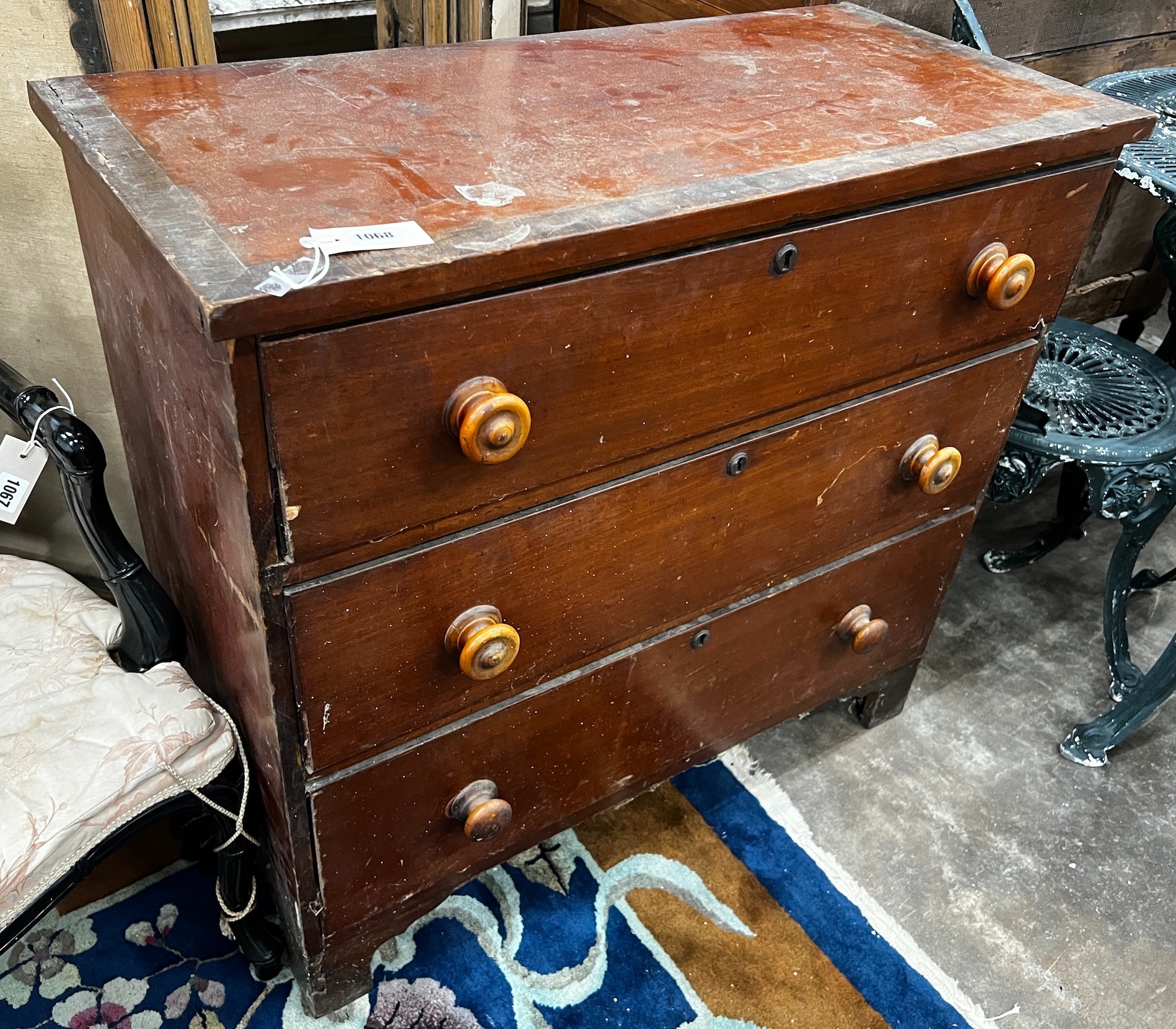 A small banded mahogany three drawer chest, width 89cm depth 41cm height 83cm